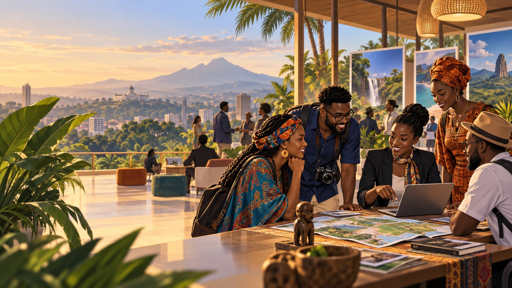 Illustration éditoriale de rencontres autour du tourisme au Cameroun